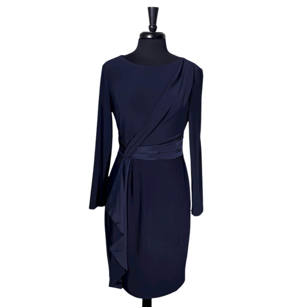 Ralph Lauren Womens Dress 10P Navy Blue Stretch Satin Ruffle Sheath Party Formal